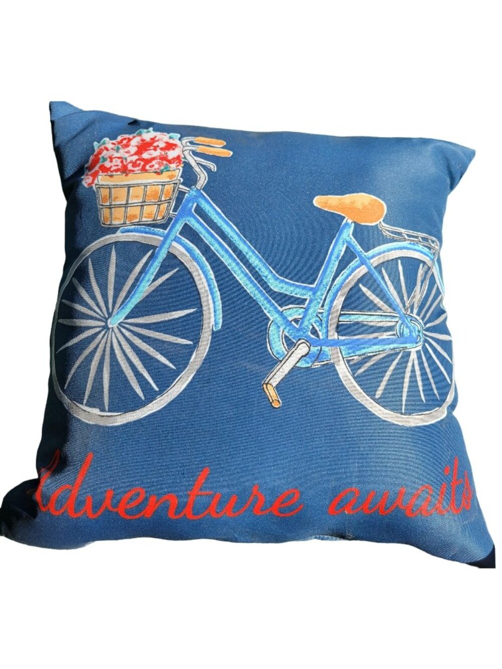 Decorative Pillow Cover With Bicycle Print & "Adventure Awaits" Text 15x15 inch